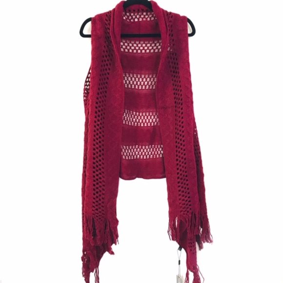 Burgundy Red Crochet Knit Boho Open Front Cardigan - Picture 7 of 7